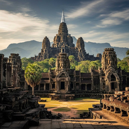 Ancient stone temple complex surrounded by lush greenery and majestic mountains under a cloudy skyの写真素材