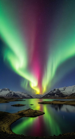 A breathtaking display of the aurora borealis over a serene mountain lake at nightの写真素材
