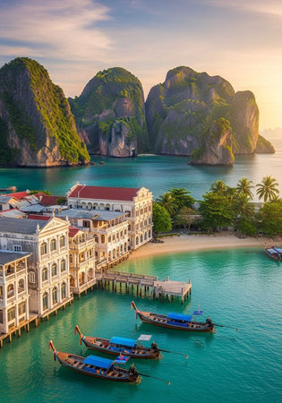 A serene tropical bay with boats and buildings at sunsetの写真素材