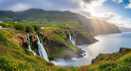 A breathtaking landscape of waterfalls cascading into the ocean surrounded by lush greenery and vibrant flowers under a sunny skyの写真素材