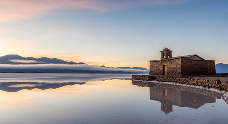 A serene stone church stands alone by a calm lake at sunrise with mountains in the backgroundの写真素材