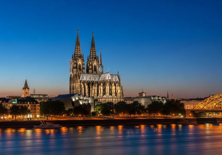 The Cologne Cathedral stands majestically along the Rhine River at dusk with its towers and facade illuminated.の写真素材