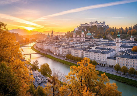 A picturesque European cityscape at sunset with a river and castle in the backgroundの写真素材