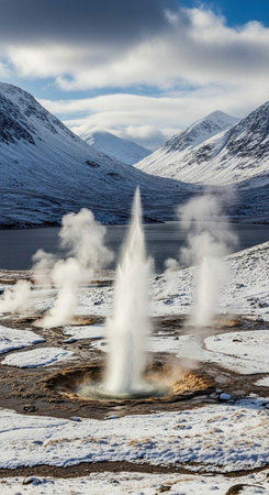 A geothermal geyser erupts in a snowy mountain landscape with a lake in the background under a cloudy sky.の写真素材