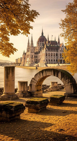 The Hungarian Parliament Building stands majestically behind an ancient stone bridge and ruins along the Danube Riverの写真素材