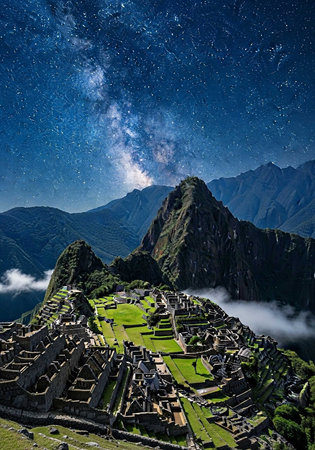 Aerial view of Machu Picchu under a starry night sky with the Milky Way visibleの写真素材