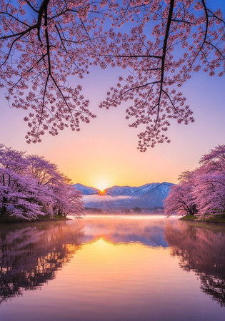 A serene landscape of cherry blossoms reflecting in a calm lake at sunsetの写真素材