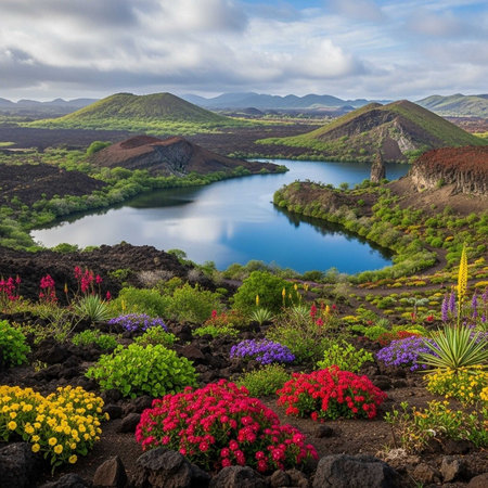 A serene landscape of a lake surrounded by vibrant flowers and lush greenery under a cloudy skyの写真素材