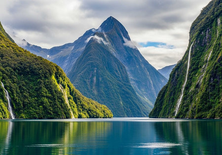 A serene mountain lake surrounded by lush greenery and majestic peaks under a cloudy skyの写真素材