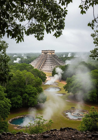 Aerial view of ancient Mayan temple surrounded by lush greenery and steaming hot springs on a cloudy dayの写真素材