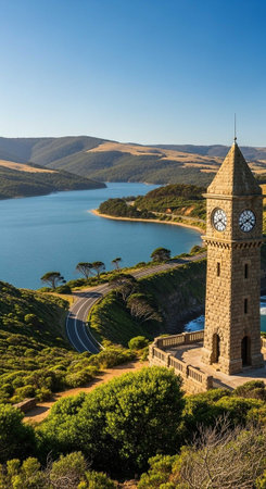 A scenic view of a historic clock tower overlooking a serene lake and rolling hills on a clear dayの写真素材