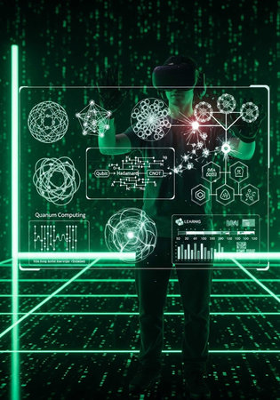 A person in a futuristic virtual reality environment interacting with quantum computing graphics and data visualizationsの写真素材