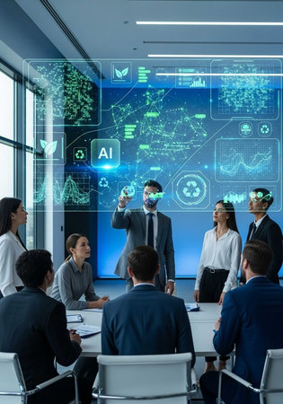 A group of business professionals in a modern office using virtual reality and artificial intelligence technologyの写真素材