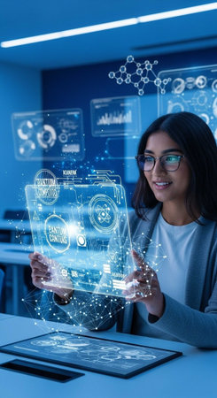 A young woman interacts with a futuristic holographic interface in a modern technology lab setting.の写真素材