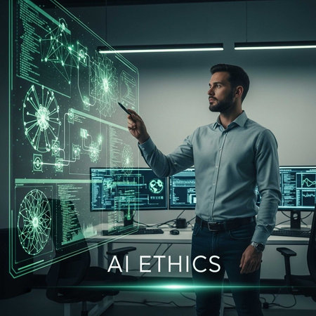 A man in a modern office interacting with futuristic AI technology on a large screen displayの写真素材