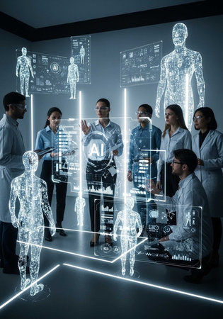 A group of people in lab coats are standing around a futuristic holographic display of human figures and AI dataの写真素材
