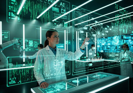 A scientist interacts with futuristic technology in a modern laboratory setting with virtual interfaces.の写真素材