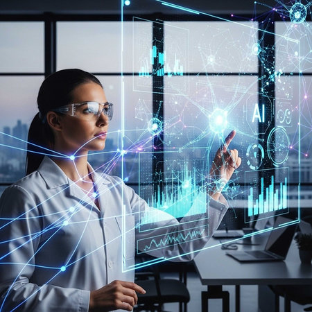 A woman in a lab coat interacts with futuristic AI technology in a modern office setting.の写真素材