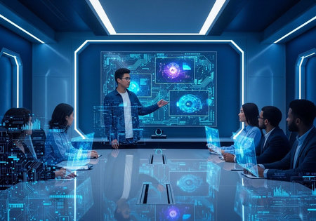 A group of business professionals gathered around a futuristic conference table with a large screen display.の写真素材