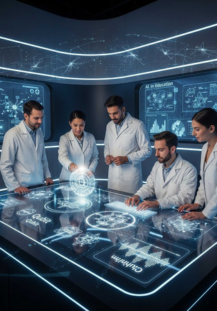 A group of scientists in lab coats gathered around a futuristic interactive table with glowing graphics and chartsの写真素材