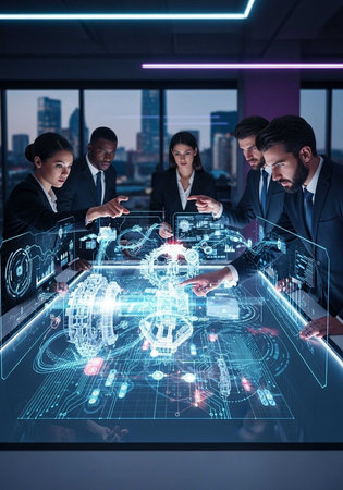 A group of business professionals gathered around a futuristic holographic table in a modern office with a city skyline viewの写真素材