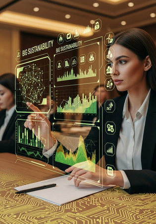 A businesswoman analyzing sustainability data on a futuristic digital interface in a modern office setting.の写真素材