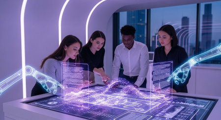 A diverse group of people gathered around a futuristic interactive table with holographic projections in a modern office setting.の写真素材