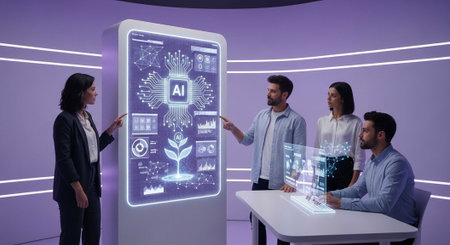 A group of business professionals gathered around a large screen displaying AI technology in a modern conference roomの写真素材