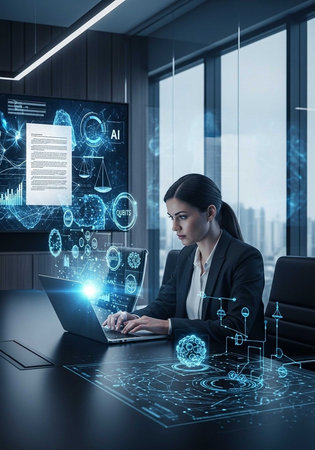 A professional businesswoman working on her laptop in a modern office with AI technology and data analysisの写真素材