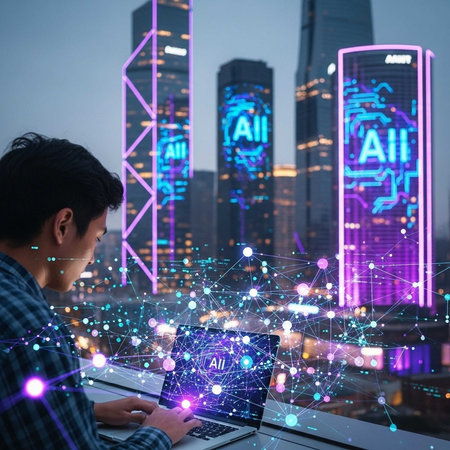 A young man works on a laptop with a cityscape and digital network in the background at dusk.の写真素材