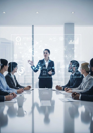 A businesswoman presents data to a diverse group of colleagues in a modern office setting with futuristic graphics.の写真素材