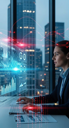 A businesswoman analyzes data on a computer with a cityscape in the background at dusk.の写真素材