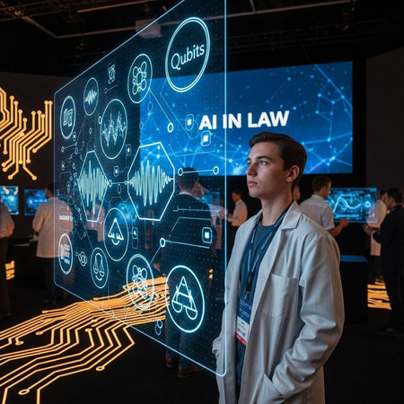 A young professional man in a lab coat stands in front of a futuristic AI display screenの写真素材