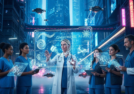 A group of medical professionals in blue scrubs and a doctor in a white coat interact with a futuristic holographic interface in a high-tech cityscape.の写真素材