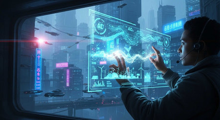 A futuristic person interacting with a virtual interface in a modern cityscape at nightの写真素材