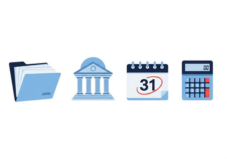 Four blue icons representing a folder, building, calendar, and calculator.の写真素材