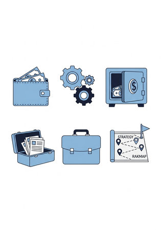 Collection of blue icons representing finance and business, including wallet, gears, safe, briefcase, and map.の写真素材