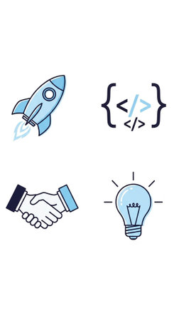 Four blue icons on a white background: a rocket, code brackets, a handshake, and a lightbulb.の写真素材