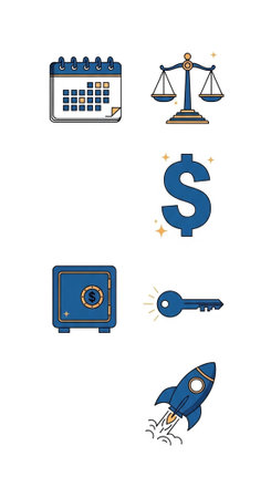 Collection of blue financial and growth icons including calendar, scale, dollar, safe, key, and rocket.の写真素材