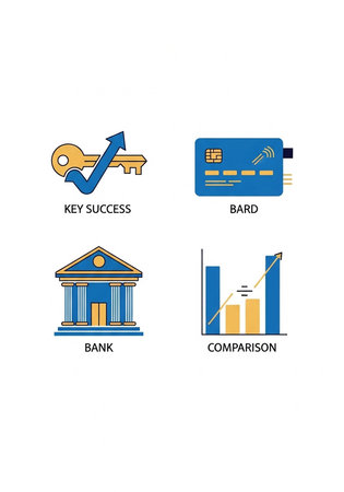 Four colorful icons representing a bank, credit card, key success, and comparison chart.の写真素材