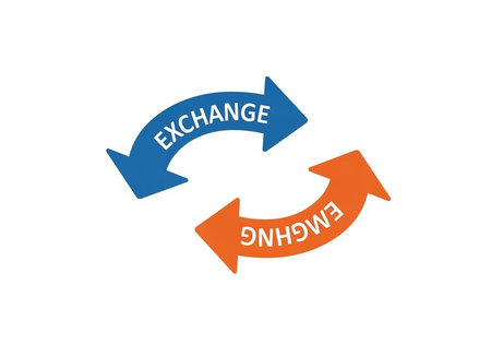 Two curved arrows forming a circle, one blue with "EXCHANGE" and one orange with "ENGAGING" text.の写真素材