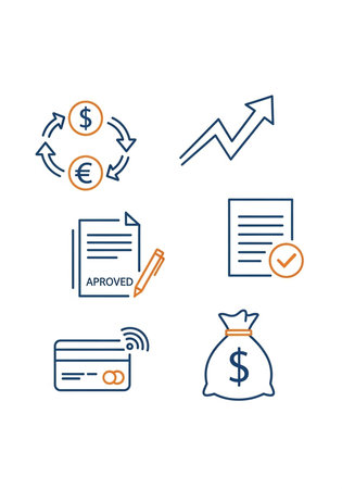 Line icons representing currency exchange, approval, payment, and growth.の写真素材