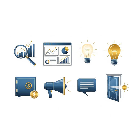 Collection of blue and gold business icons including charts, lightbulbs, safe, megaphone, speech bubble, and open door.の写真素材
