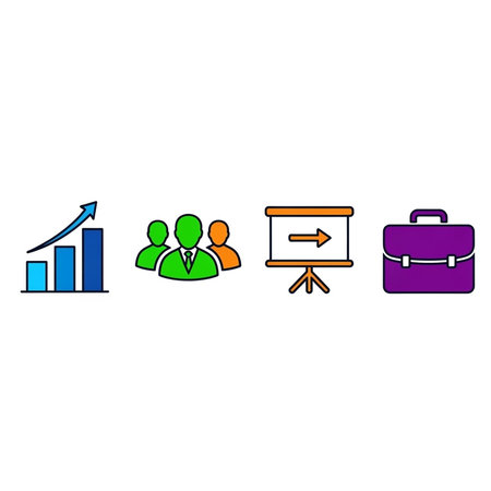 Flat design icons representing business growth, teamwork, presentation, and briefcase.の写真素材