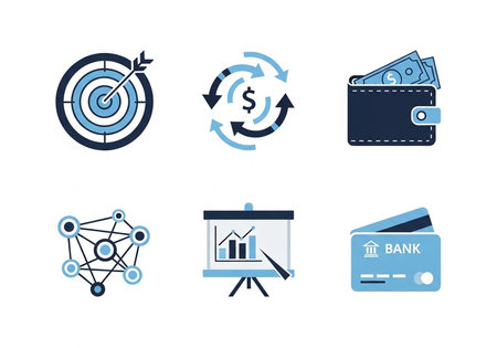 Six icons representing finance, including a target, currency exchange, wallet, network, presentation, and bank card.の写真素材
