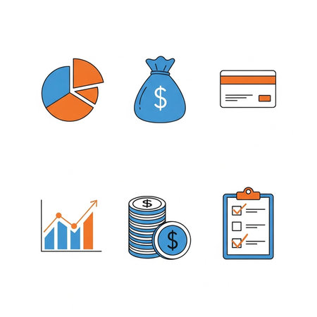 Collection of financial icons including pie chart, money bag, credit card, bar graph, coins, and checklist.の写真素材