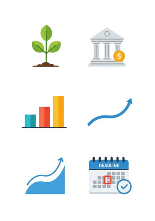 A collection of icons representing growth, finance, charts, and deadlines.の写真素材