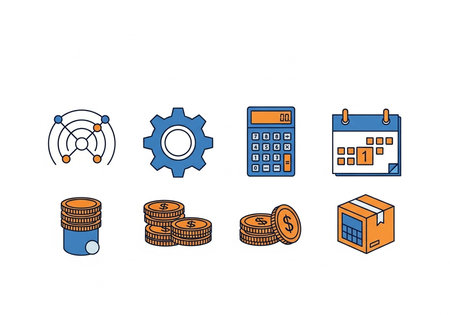 Vibrant icons of finance and business tools, including coins, calculator, calendar, and gear.の写真素材