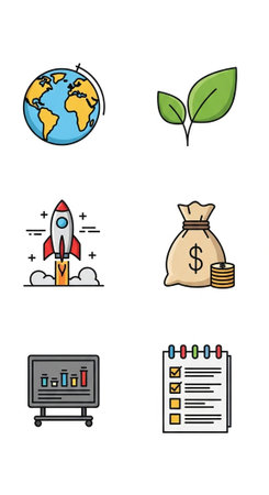 Set of six colorful icons representing global growth, nature, finance, technology, and project management.の写真素材