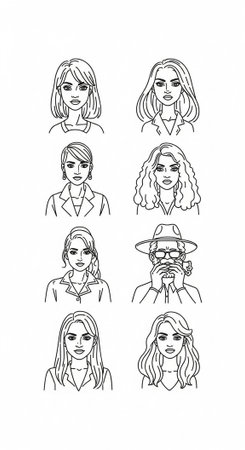 Black and white line art featuring eight women with different hairstyles and expressions.の写真素材